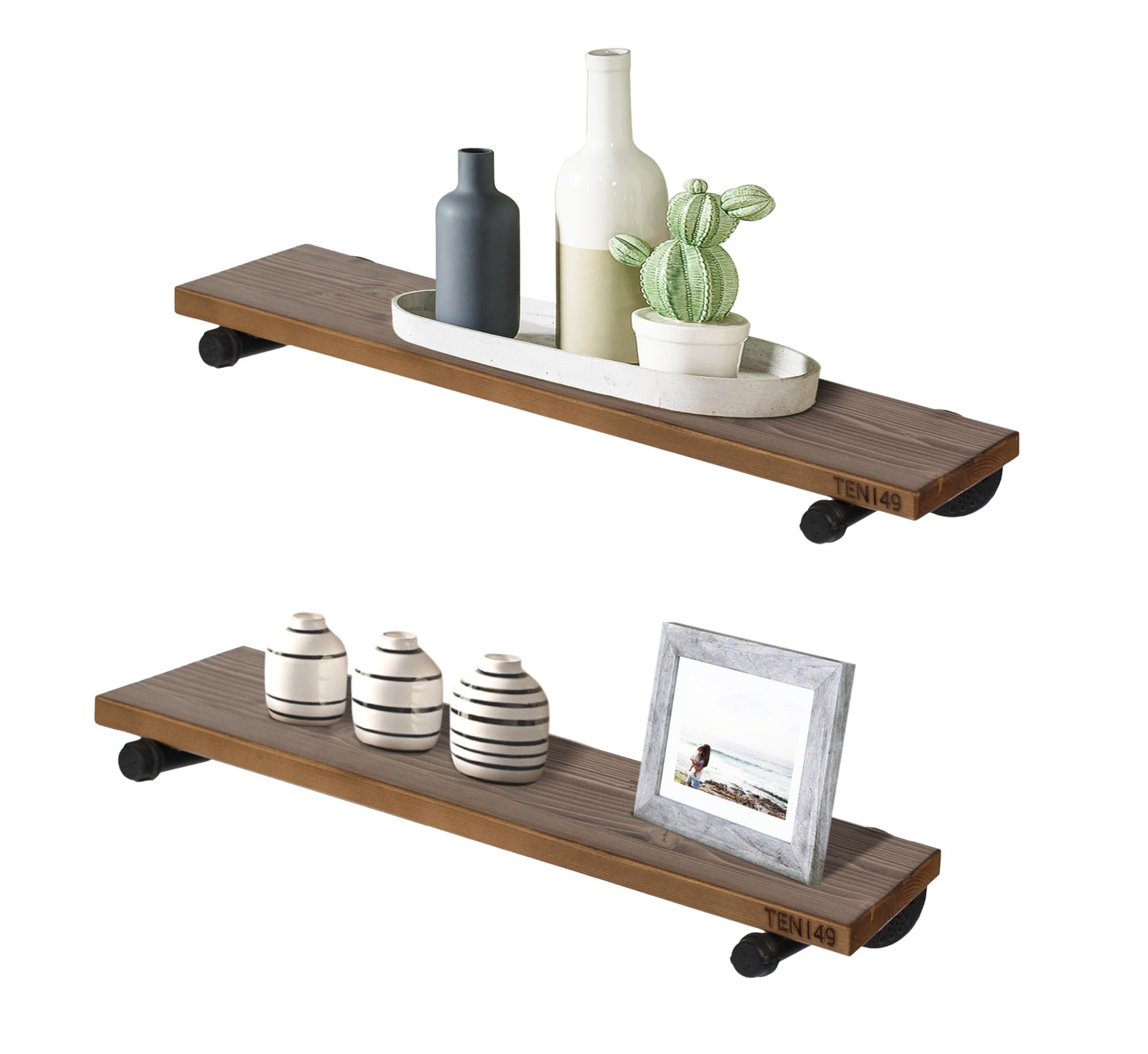 TEN49 Real Wood Rustic Floating Shelves Wall - 24 Wide Small Wooden Industrial Pipe Shelving - Farmhouse Pipe Wall Shelves Furniture Bathroom Decor Art Shelf Kitchen - Dark Espresso Color - Set of 2