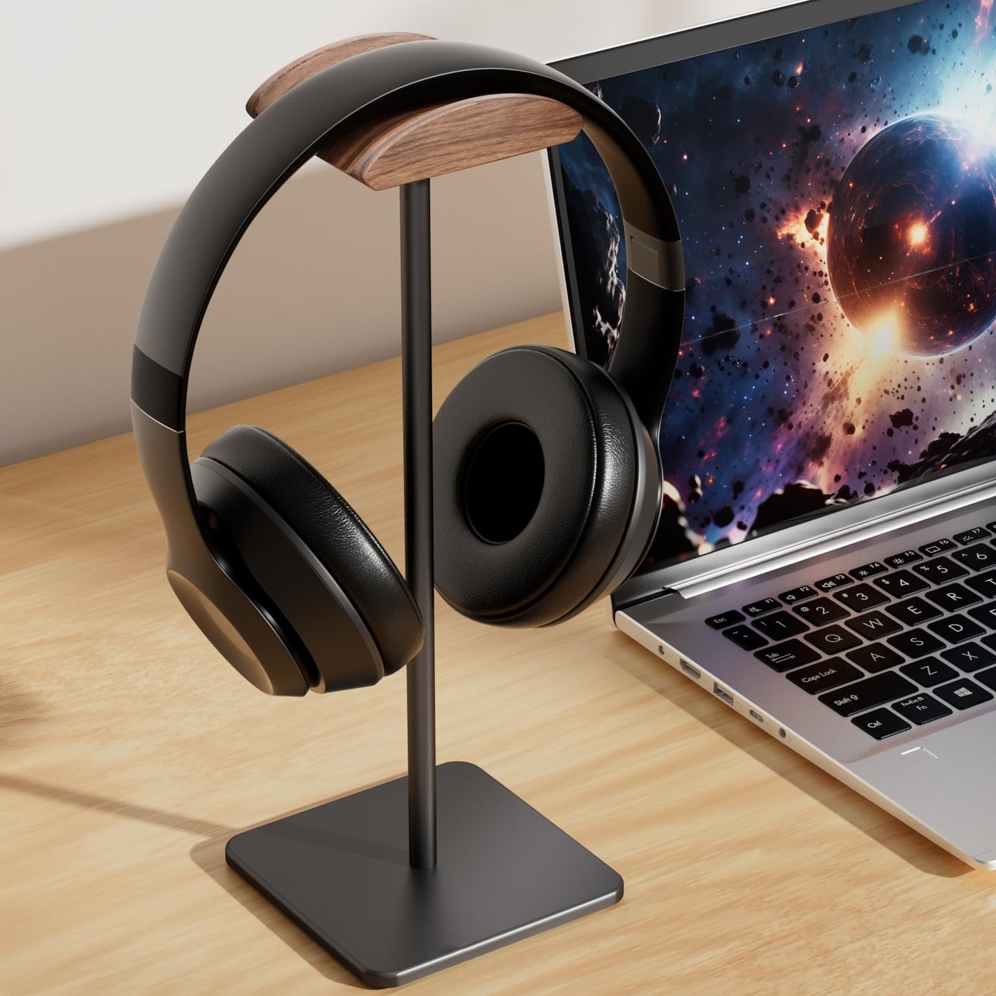 Ahonnpely Headphone Stand for Desk - Headset Stand with Aluminum Hanger and Wooden Support, Headphone Holder for AirPods Max, Sony, Bose, Beats and More (Black)