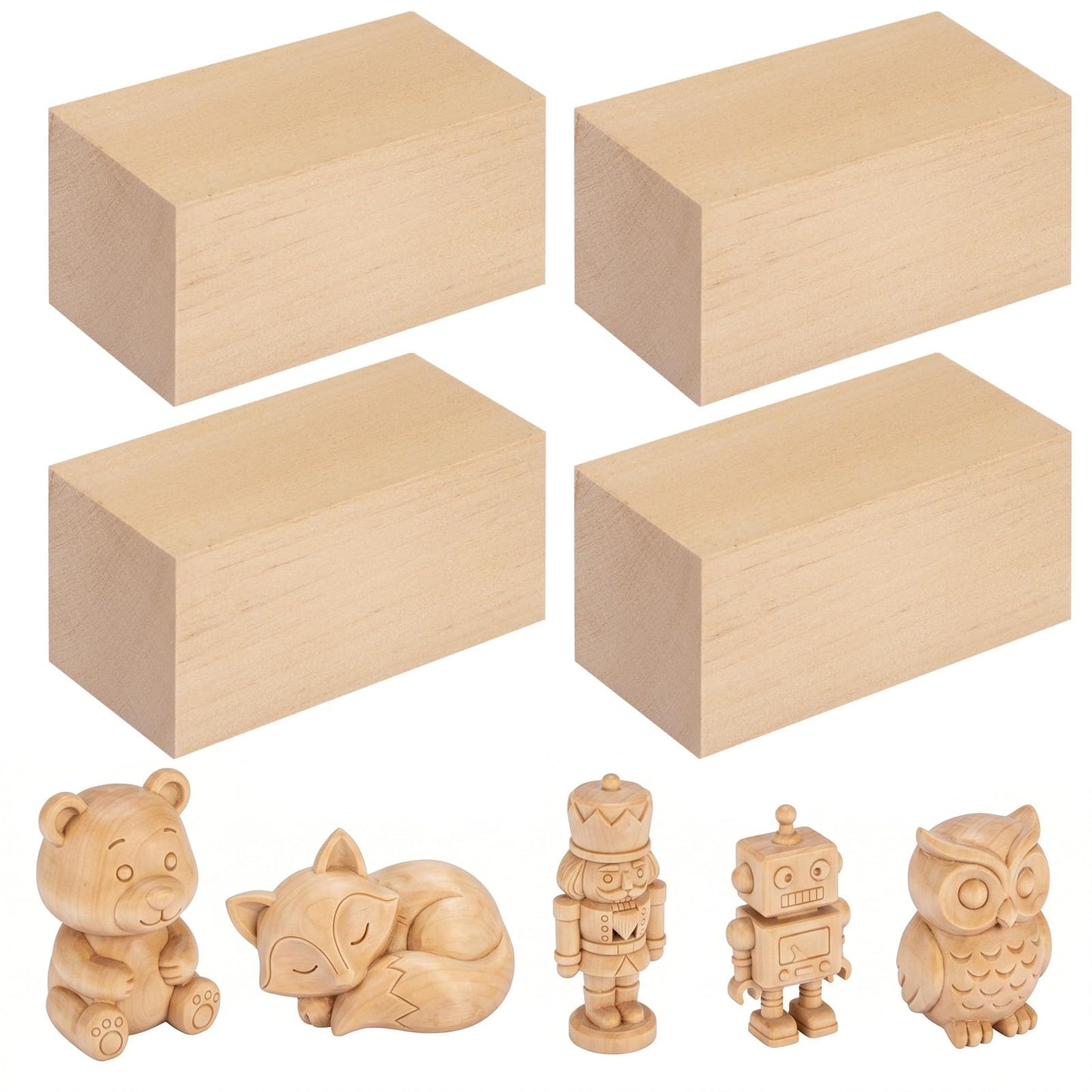 Basswood Carving Blocks - 4 Pack 6 x 3 x 3 inch Whittling Bass Wood Blocks Wood Carving Kit for Beginners, Soft Woodworking Blanks for Whittling, Use for Home, Crafts, Arts, DIY Projects