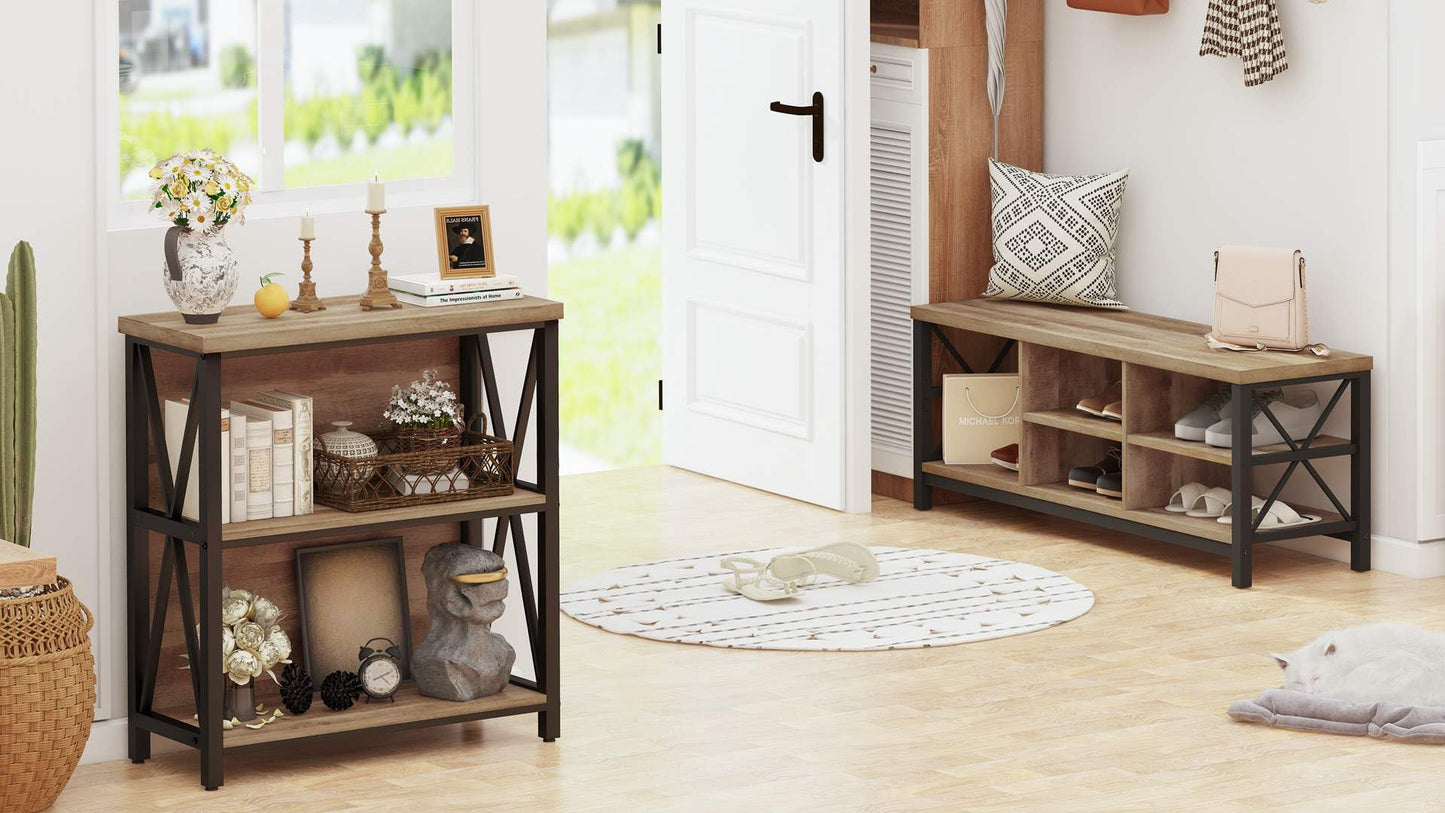 FATORRI Industrial 2 Shelf Bookshelf and Shoe Bench for Entryway (Rustic Oak)