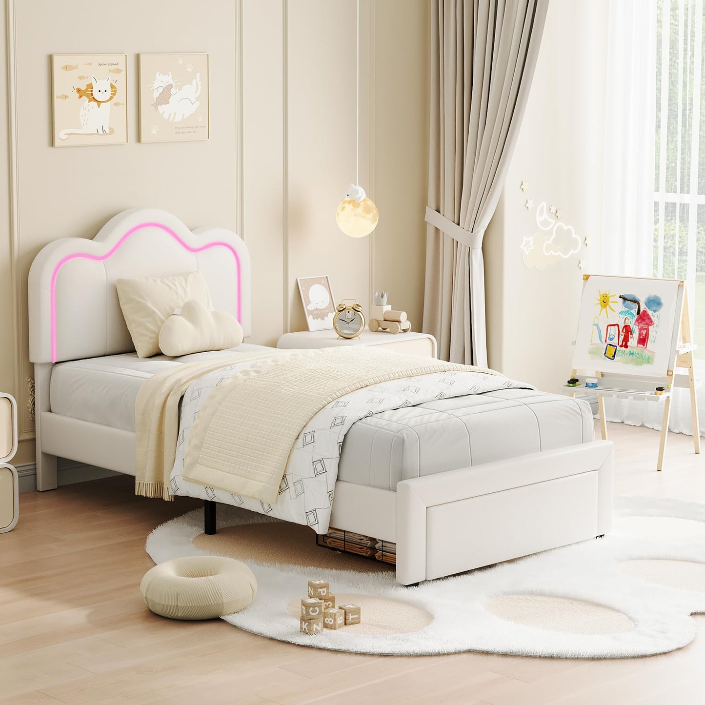 GarveeHome Twin Upholstered LED Bed Frame with Headboard and Storage Drawer, PU Leather Princess Platform Bed Frame for Kids, Wooden Slats Support, No Box Spring Needed (Cream)