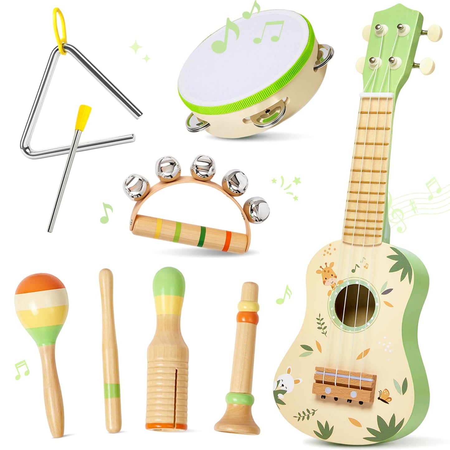 Toddler Guitar Set, 7-in-1 Wooden Baby Musical Instruments Band Includes 17" Ukulele, Maracas, Drum, Trumpet & More - Perfect Toy for Kids Ages 1-5, Ideal Gift for First Birthday Christmas