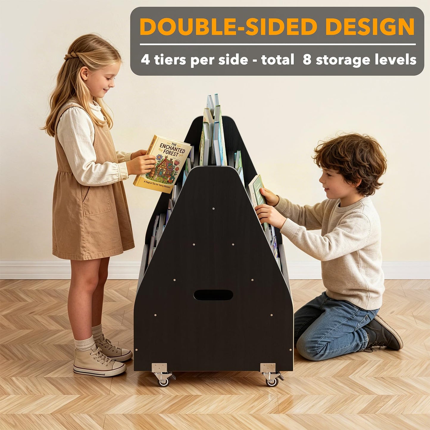 SpaceAid Double-Sided Mobile Bookshelf, Montessori Bookcase for Toddlers, Wooden Book Storage Organizer Shelf Furniture for Kids Rooms, Playroom, Nursery and Classroom, 29.5“ Wide 4-Tier, Black
