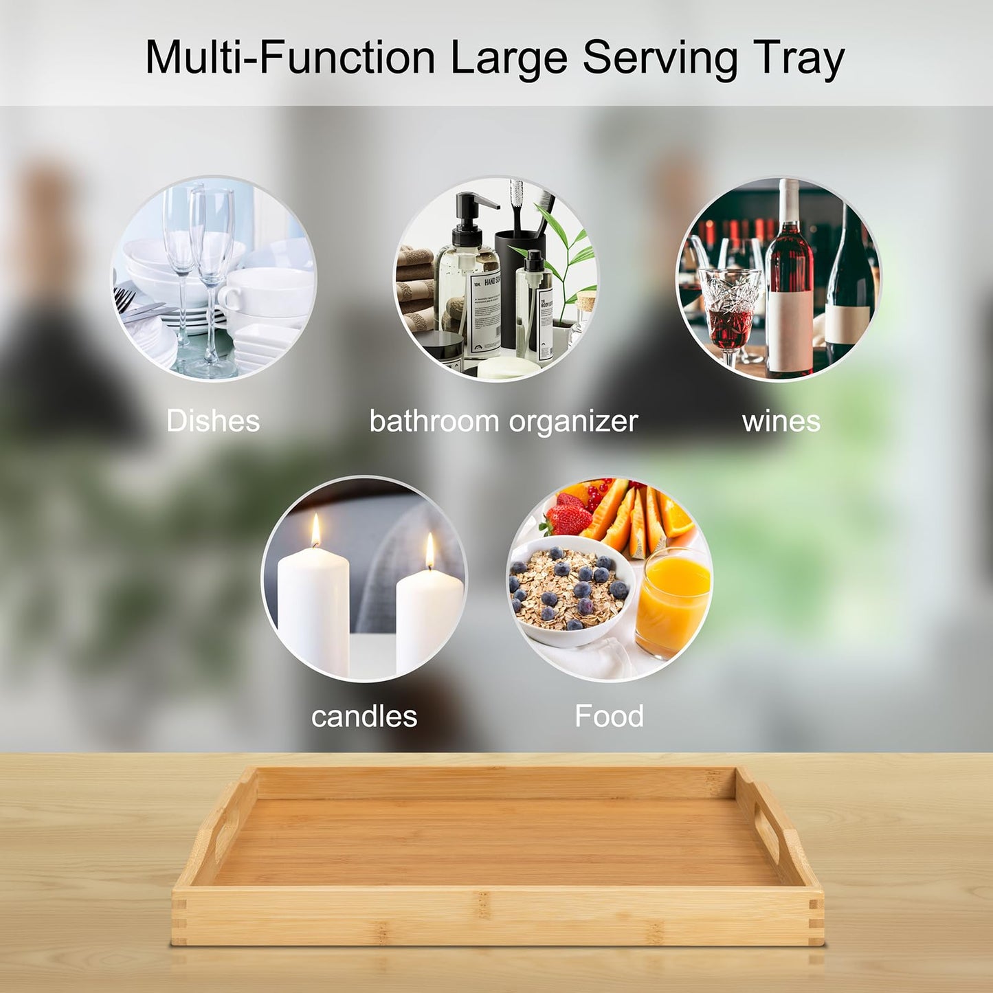 Bamboo Food Serving Tray with Handles, Breakfast Bed Tray for Tea,Snack,Dinner, Home Decorative Storage Food, Platter, Ottoman for Kitchen Counter, Bathroom, Restaurant (Beige)