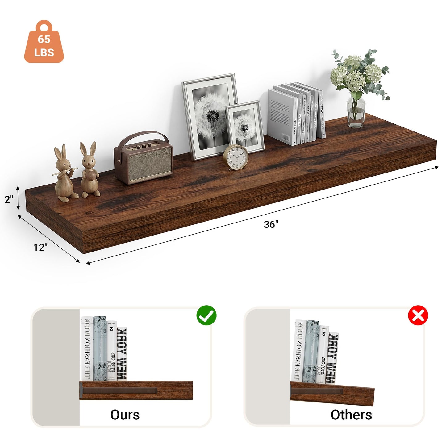 Heimlove 12" Deep Floating Shelves, 36 x 12 Inch Wall Mounted Long Floating Shelf with Invisible Brackets, for Home Decor, Bedroom, Kitchen, Living Room, Bathroom - 1 Pack, Rustic Brown
