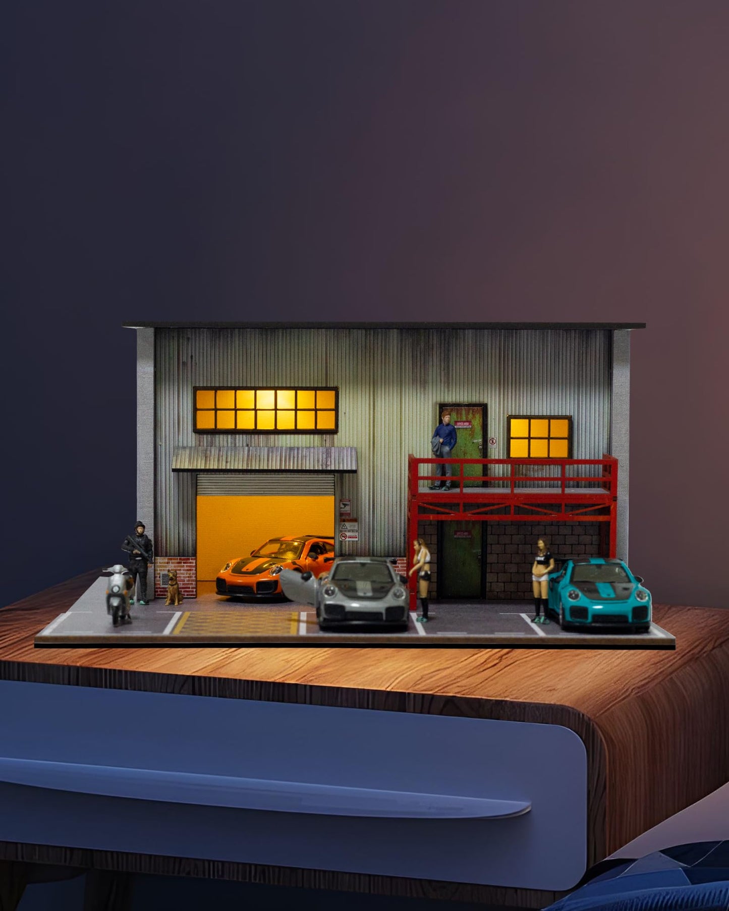 1/64 Scale Diecast Display Case, Wooden American Style Toy Car Garage Model with LED Light, 4-Parking Spaces Diorama Showcase for Hot Wheels and Matchbox Cars Storage