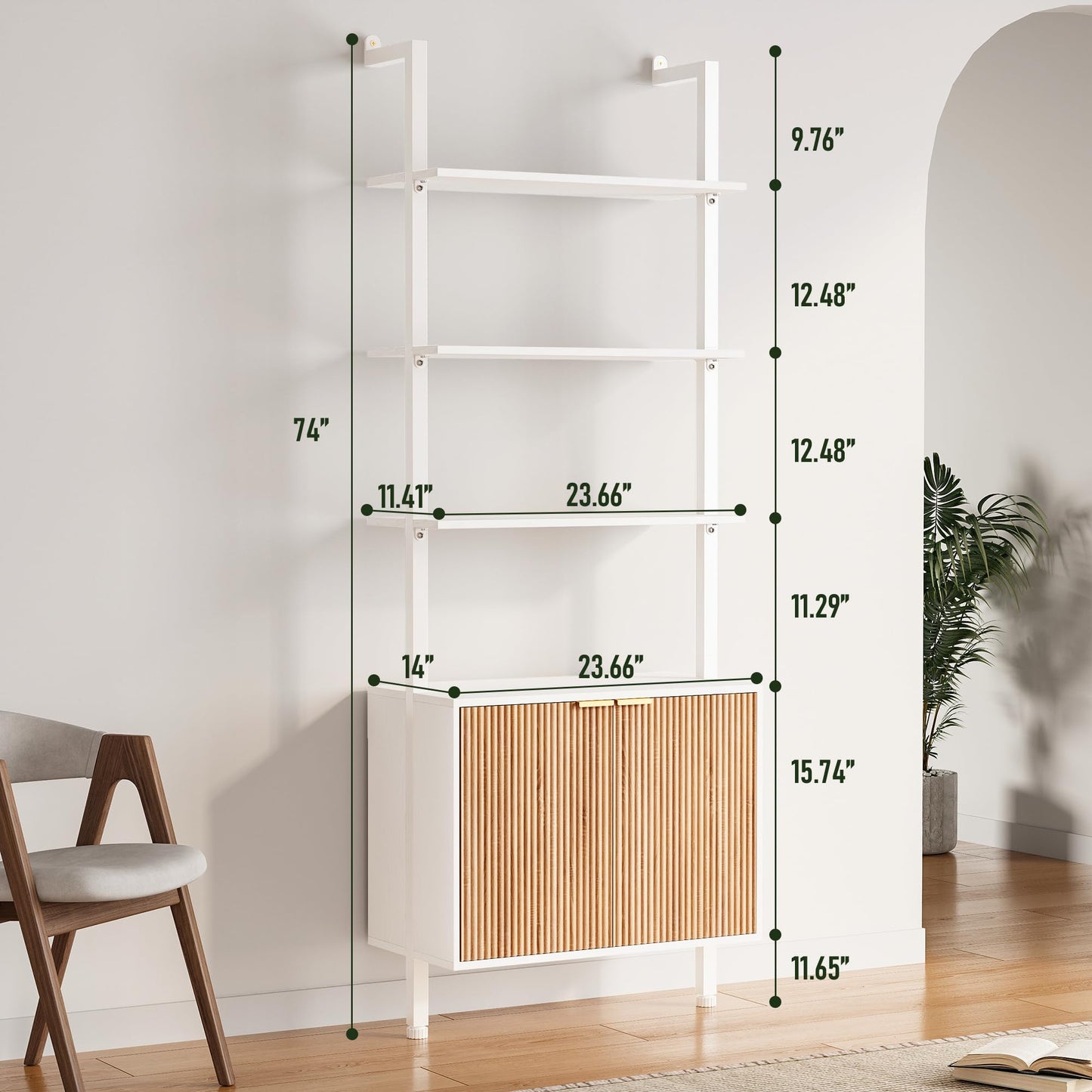 INNOD 74" Tall Bookshelf with Storage Cabinet, Modern Ladder Shelf with Wood and Metal Frame, Wall Mount Bookcase Open Display Shelf Furniture for Living Room, Bedroom, Home Office, White and Oak