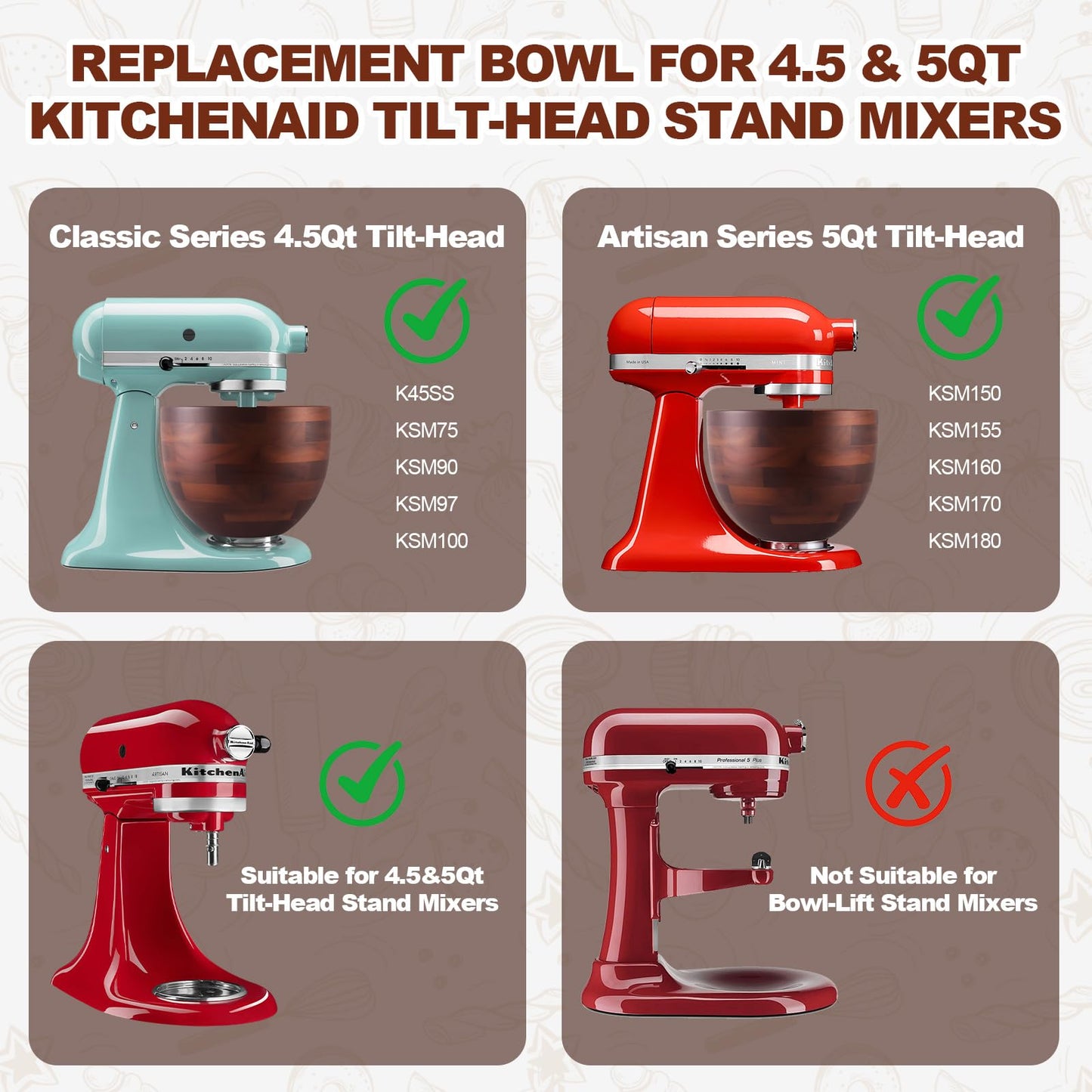 Ciunura Premium Acacia Wooden Mixing Bowl for K45 & KSM150 Series, 4.5&5 Qt Tilt-Head Models, Natural Wood Bowl with Stainless Steel Precision Locking Base for Kitchen Aid Mixers(Acacia)