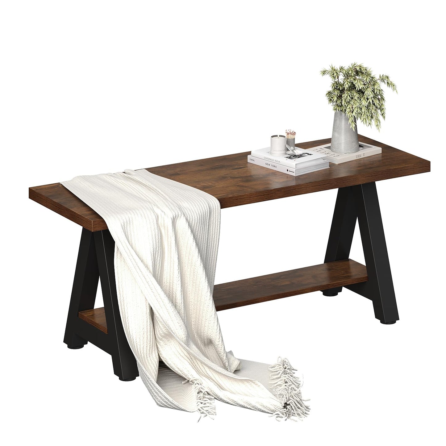 Welfuturer 43" Farmhouse Wood Bench Industrial Entryway Bench Rustic Wood and Metal Shoe Storage Bench for Entryway, Living Room, Dining Room