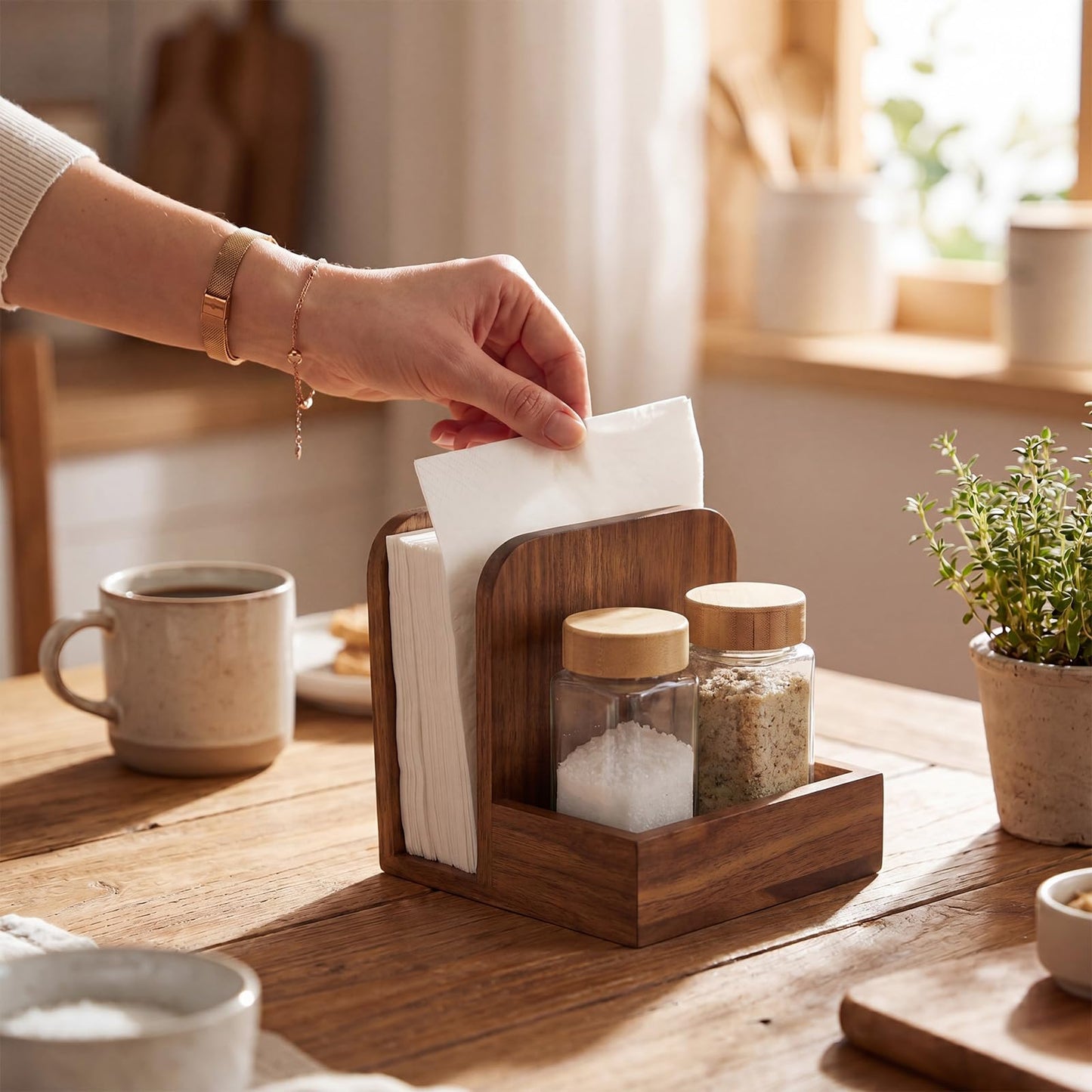 Mifoci 2 Pcs Acacia Wood Napkin Holder for Table Farmhouse Wooden Napkin Holder with Salt and Pepper Shakers Condiment Caddy Standing Paper Storage Centerpiece for Kitchen Dining Table Decoration