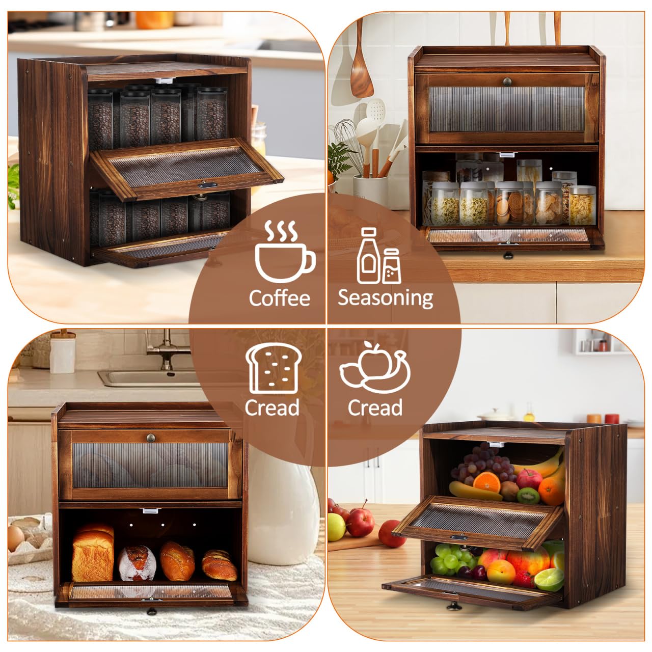 UKCOCO Wooden Bread Box 2 Layer Bread Box for Kitchen Counter Rustic Keeper with Ventilation Holes Magnetic Closure Front Windows Countertop Storage Organizer Brown