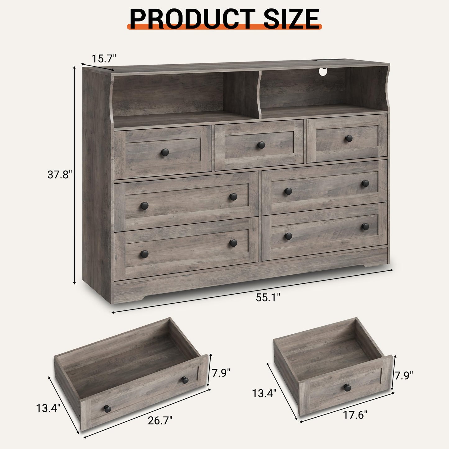 IDEALHOUSE Dresser for Bedroom with 7 Drawers, LED Lights & Charging Station, Wooden Chest with 2 Open Compartments, Freestanding Storage Organizer for Closet, Nursery, Entryway, Light Brown