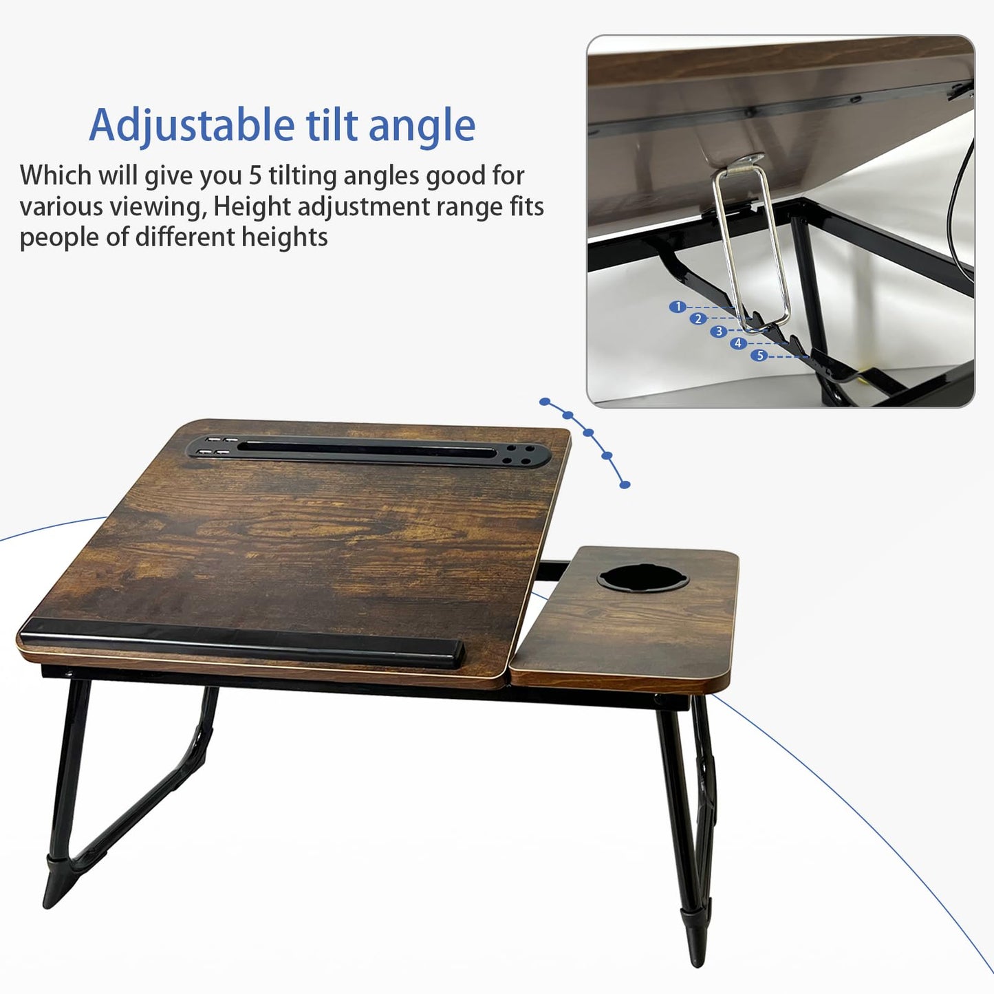 Laptop Desk for Bed, Laptops Bed Tray Desk with 5 Different Angles, Foldable Laptop Bed Table with USB Charge Port and Cup Holder for Writing Working (Rustic Brown)