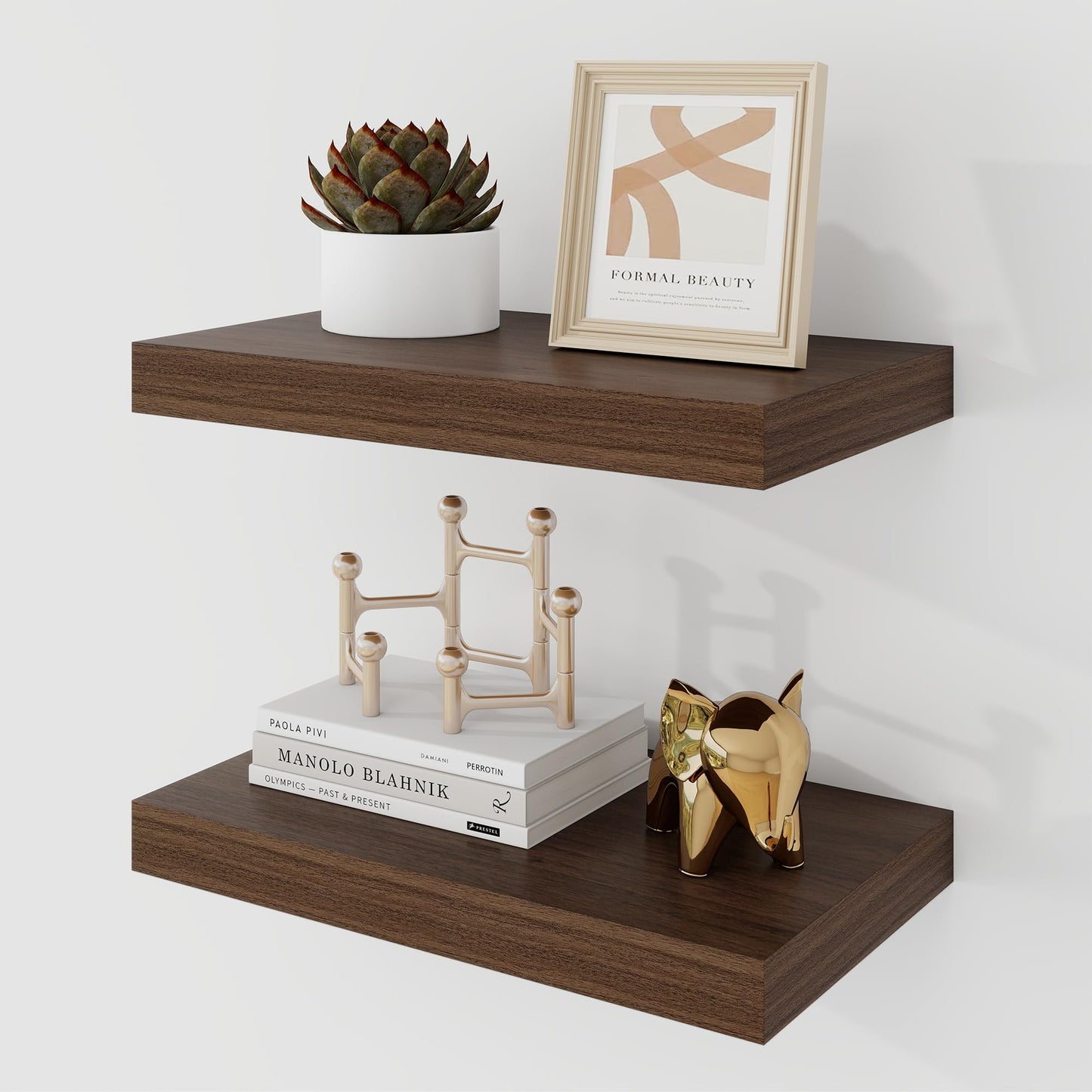Acovy 16 Inch Floating Shelves, 9.3" Deep Floating Shelf Wall Mounted, 16" Wall Shelves, Rustic Deep Bookshelf, Large Display Shelves & Storage Shelves for Bedroom, Living Room, Walnut, Set of 2
