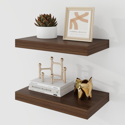Acovy 16 Inch Floating Shelves, 9.3" Deep Floating Shelf Wall Mounted, 16" Wall Shelves, Rustic Deep Bookshelf, Large Display Shelves & Storage Shelves for Bedroom, Living Room, Walnut, Set of 2