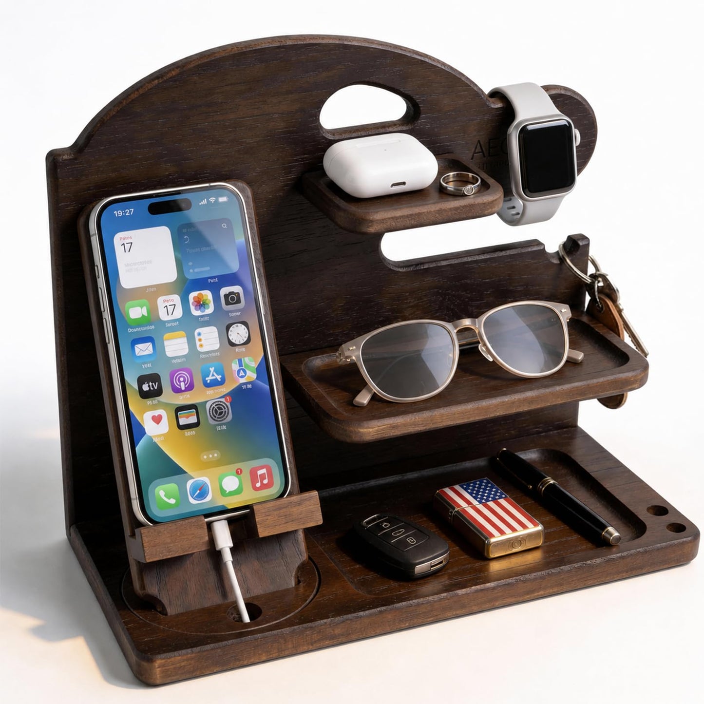 Wood Phone Docking Station with Detachable Stand, Solid Wood Multi Device Nightstand Charging Station, All-in-One Desktop Organizer, Mens Gift for Father’s Day, Birthday & Anniversary