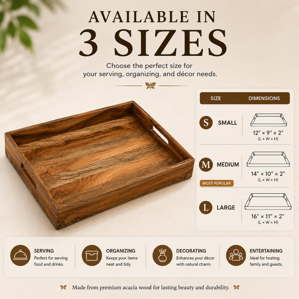 WEBHUSHI Acacia and Mango Wood Serving Tray, 14 x 10 Inches, Brown, 1.5