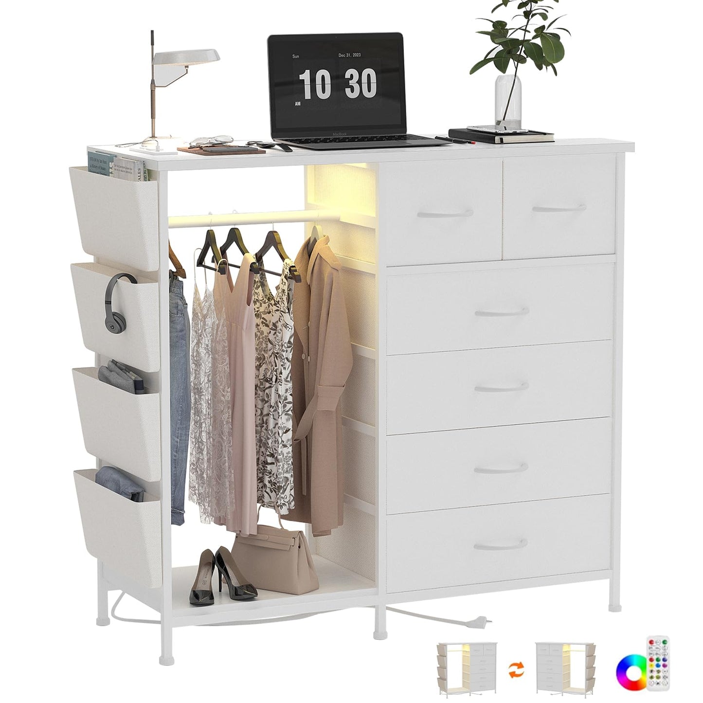 WODRAWER 6 Drawer Dresser for Bedroom with Clothes Rack, Clothes Dresser with Side Pockets and Hooks, Charging Station & LED Lights, Wooden Top, Fabric Storage (White)
