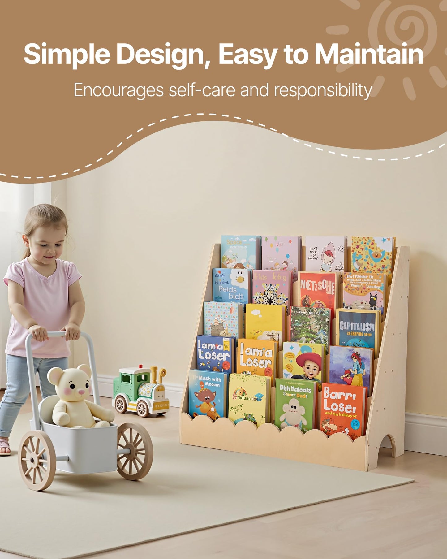 VEVOR 5-Tier Montessori Bookshelf, Scalloped Kids Bookcase, Wooden Book Shelf, Daycare Furniture Display Bookshelf for Bedroom, Living Room, Entryway, Nursury, Preschool
