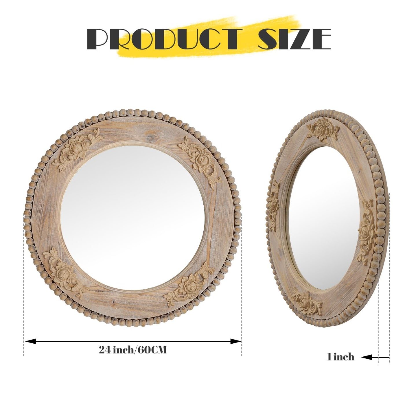 sawsile Round Wood Mirror,24 inch Circle Rustic Farmhouse Natural Wooden Frame Boho Beads Wall Mirror for Bathroom,Living Room,Bedroom or Entryway