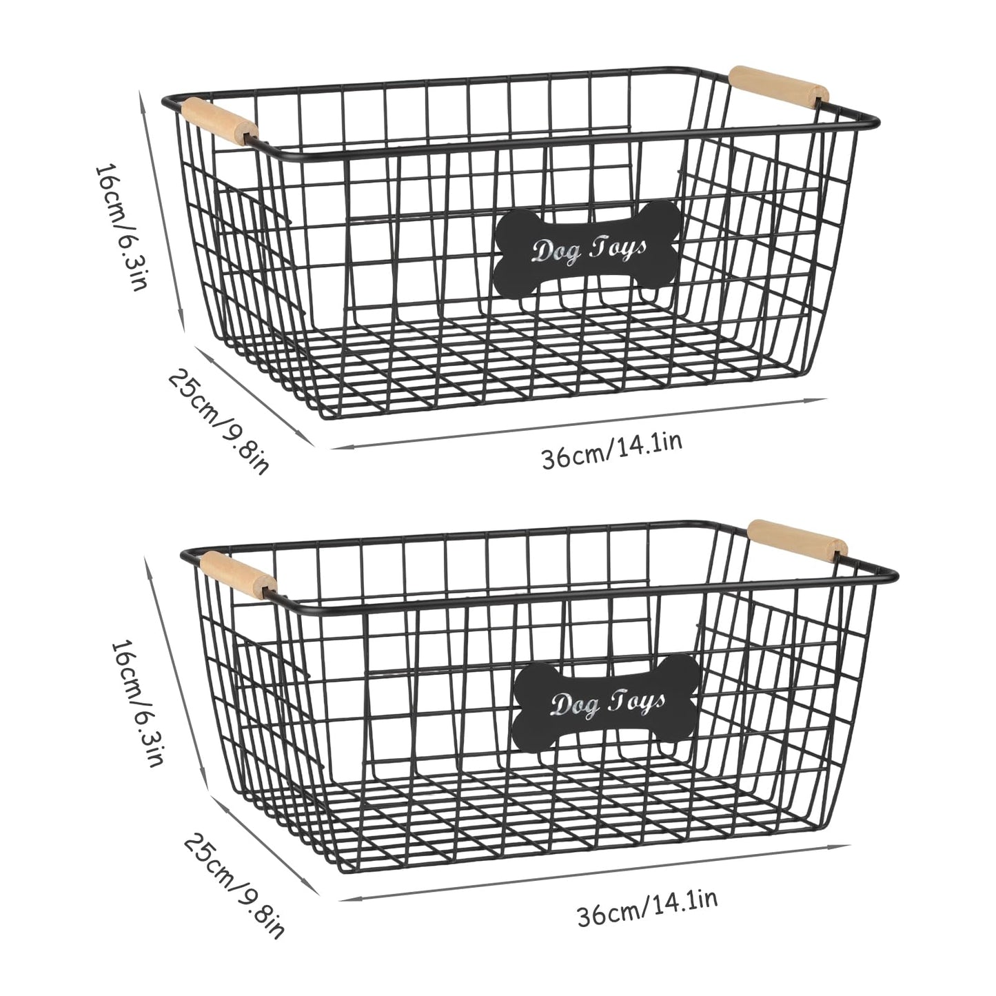 Bromjavol 2-piece Metal Dog Toy Basket with Wooden Handles, Indestructible Dogs Toy Storage Bin, Dogs Organizer Box for Living Room-Chew Proof-Ideal for Outdoor and Indoor-Black