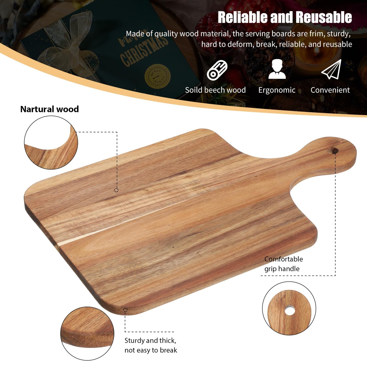 Didaey 6 Pcs Cutting Board Bulk Kitchen Thicken Chopping Platter with Handles Wooden Charcuterie Serving Trays Blank Wood Boards for Engraving Wedding Housewarming(Acacia Wood,16 x 10 Inch)