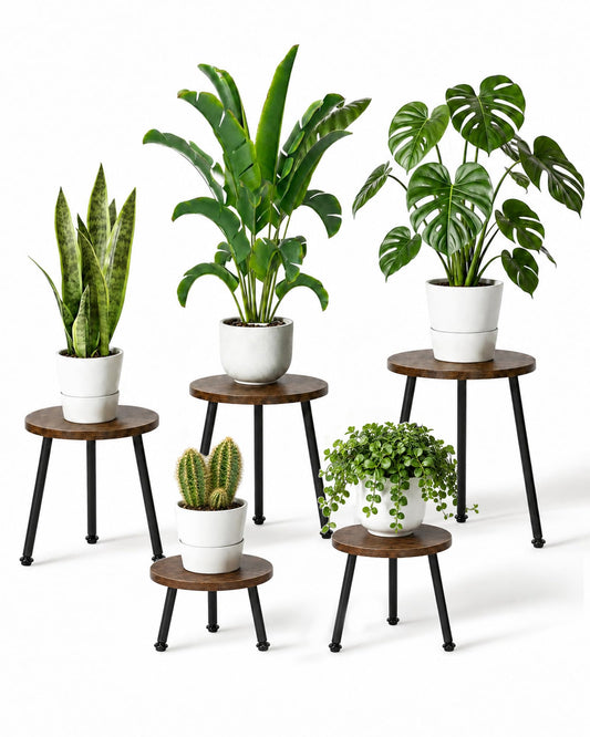 GENTINGBRO 5 Pack Wood Plant Stands Indoor, Round Plant Stool Set with Iron Legs, Heavy Duty Plant Stand Table, Wood and Metal Flower Pot Stand for Living Room, Bedroom, Balcony, Brown/Black