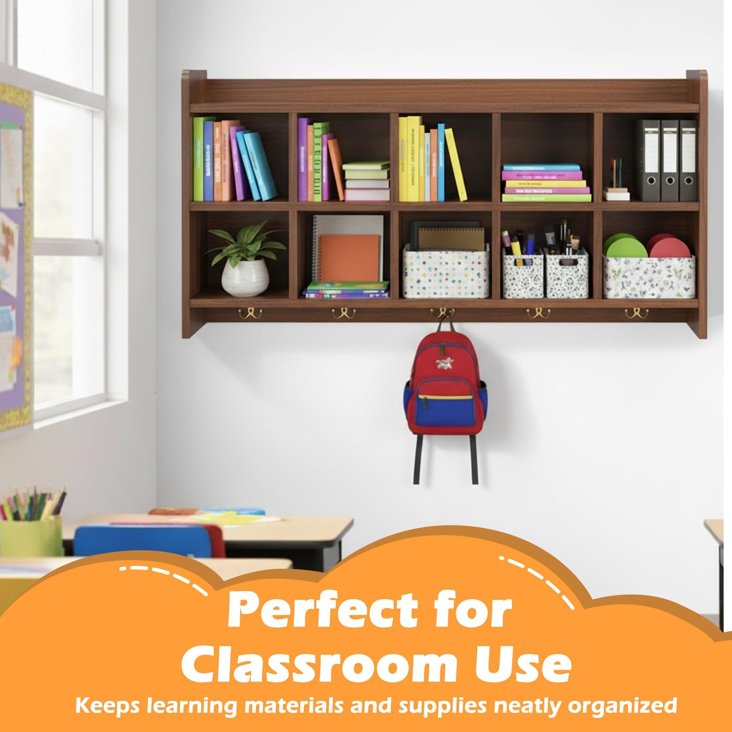 Verssure Wall Cubbies, 10 Cubby Storage Organizer with Coat Hooks, Cubbies for Classrooms,Wooden Cubby Shelf for Toys, Bags and Books, Used in School, Gym, Daycare Storge (Walnut)
