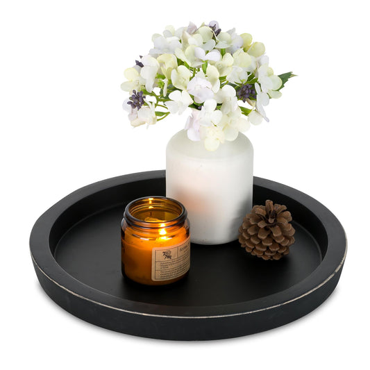 Hanobe Wooden Tray for Coffee Table: Candle Holder Plate Black Round Decorative Serving Tray - Vintage Table Centerpiece Rustic Farmhouse Home Decor
