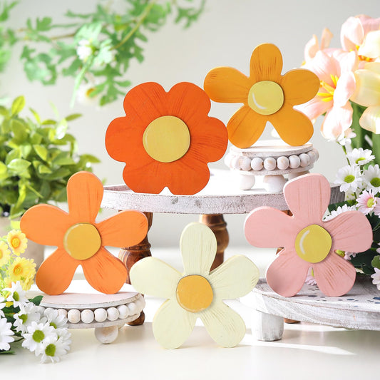 Threehoney Spring Wooden Flowers Table Decor Wood Daisy Tabletop Centerpieces Art Floral Tiered Tray Decor Rustic Farmhouse Floral Sign for Home Desk Shelf Office Decoration Mother's Day(Orange)