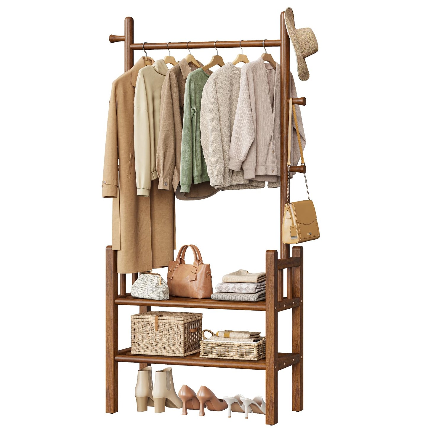 Yoobure Solid Wood Clothing Rack with Shelves - Coat Rack Freestanding with 6 Hooks, 3-in-1 Hall Tree for Hanging Clothes, Tall Garment Racks with Storage for Bedroom, Entryway, Living Room, Closet