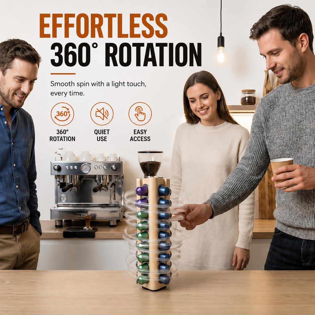 VOMELON Wooden Coffee Pod Holder Compatible with Nespresso Original Pods,Rotating Vertical Carousel Pod Holder Coffee Station Countertop Organizer Storage Rack for 36 Pods