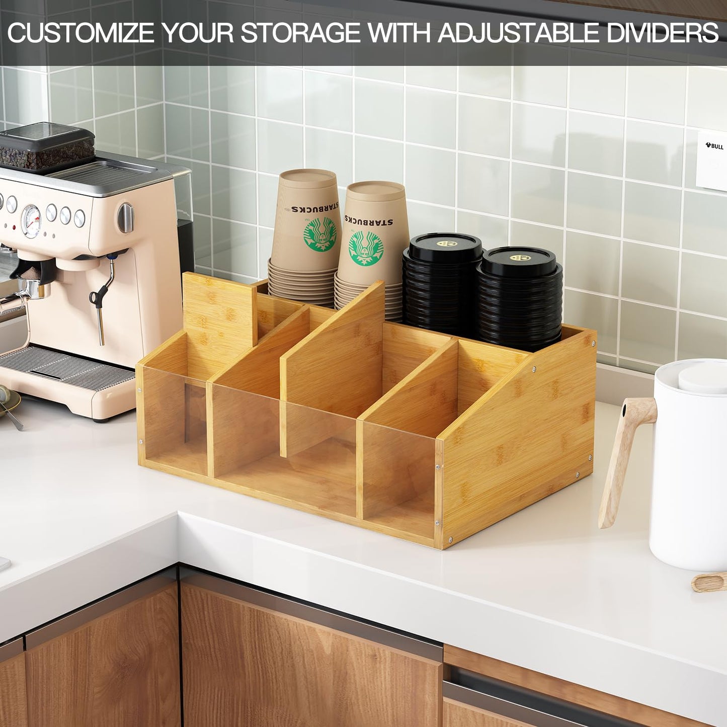 AEEHFENG Coffee Station Organizer Condiment Organizer for Countertop Farmhouse Coffee Caddy with Removable Dividers Small Cute Office Bar Accessories for Tea Bags, Pods, Syrup, Cups, and Stirrer