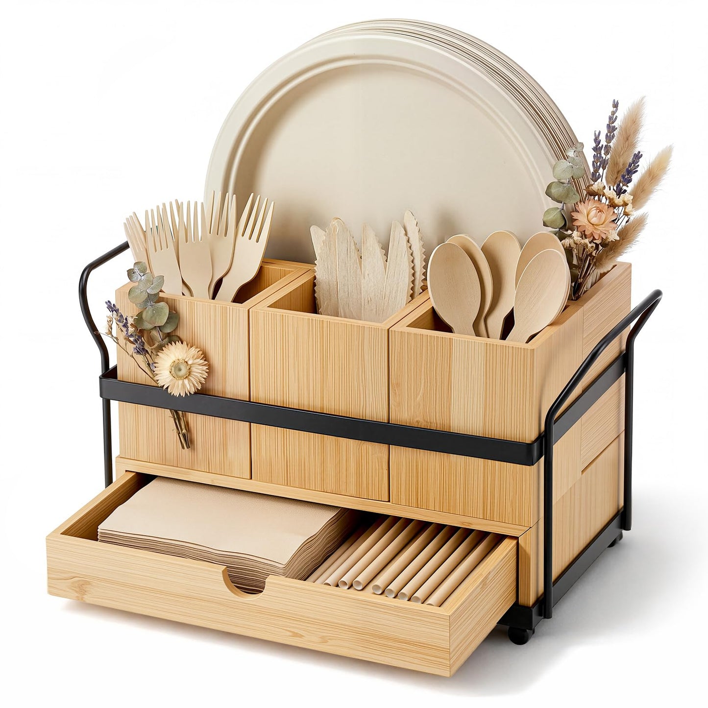 Qunclay Wooden Silverware Caddy with Drawer, Paper Plate Organizer Holder Dispenser for Party, Utensil Cutlery and Flatware Holder with 4 Compartments for Forks, Spoons, Napkins, Kitchen Countertop