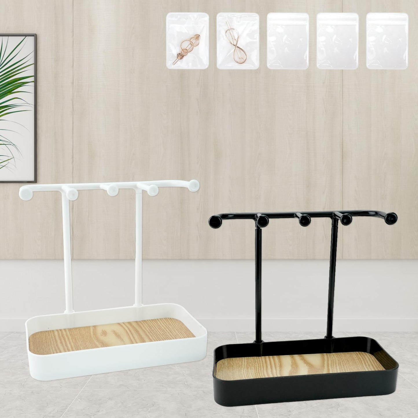 WCHOSOZH Jewelry Organizer Stand, Necklace Holder with Wooden Tray 5 Storage Hooks, Earring Holder with 5 Pcs Jewelry Bags for Bracelet,Chains,Rings,Earrings,Keys Watches,Necklaces (White)