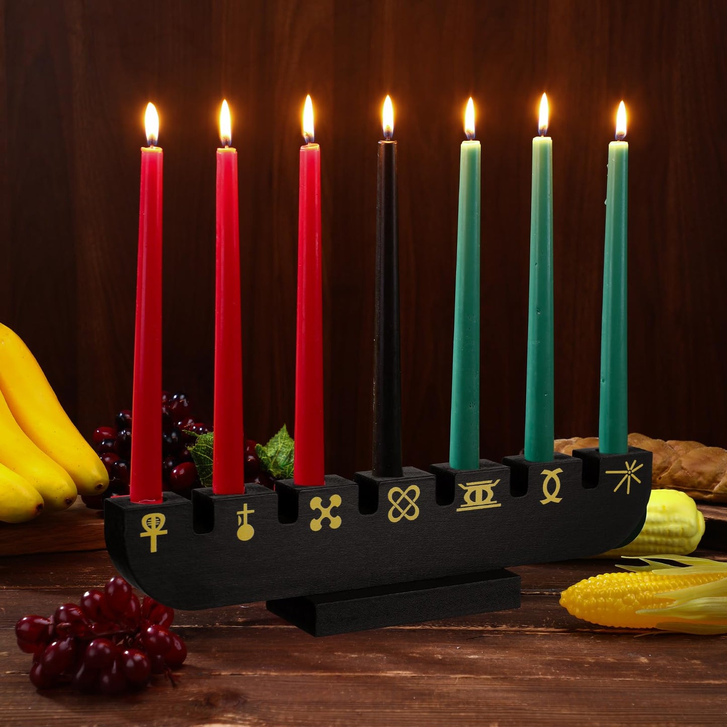 Bucherry Wooden Kwanzaa Decor Handmade Wooden Kinara with Gold Kwanzaa Letters Double Sided Celebration for Home Decor(Black)