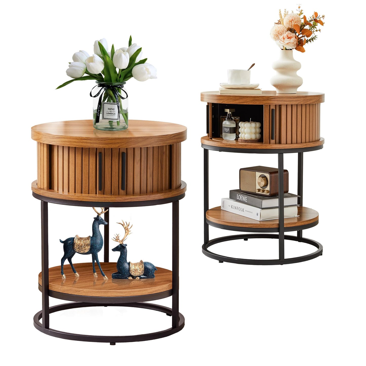 Turtle&Myrtle Small Round Side Table with Storage, 2-Tier Wooden End Table with Sliding Door and Shelf, Mid-Century Circle Nightstand for Living Room, Bedroom, Walnut, 2PC