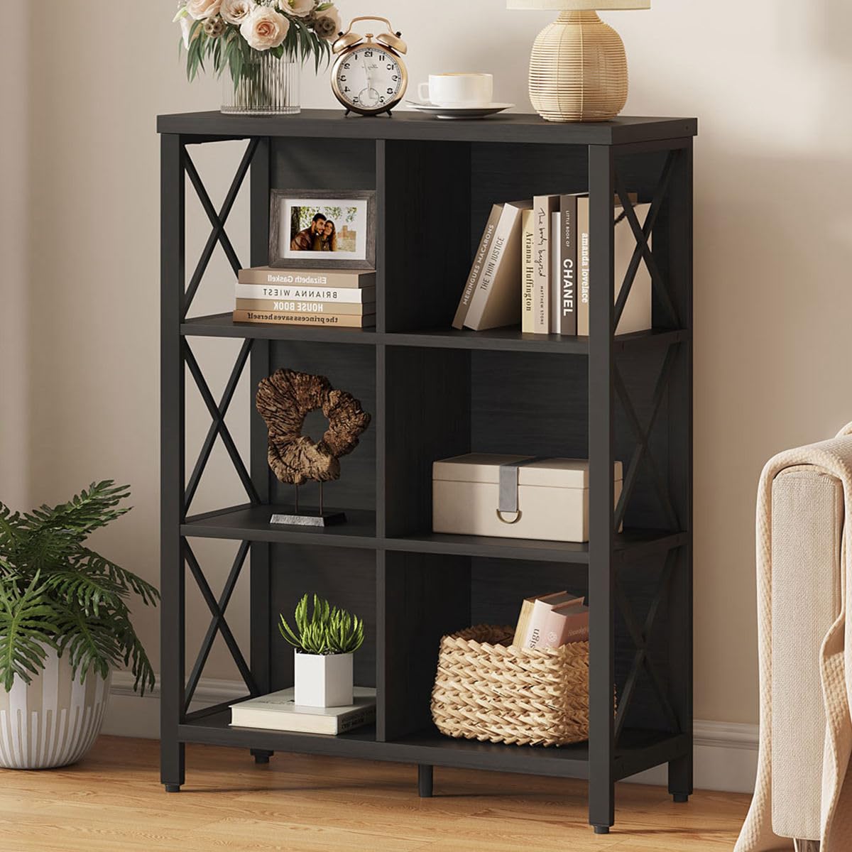 FATORRI 6 Cube Storage Organizer with Storage, Modern 4-Tier Bookshelf with X-Shaped Metal Frame, Black Wood Bookcase for Living Room, Home Office, Bedroom, Easy Assembly