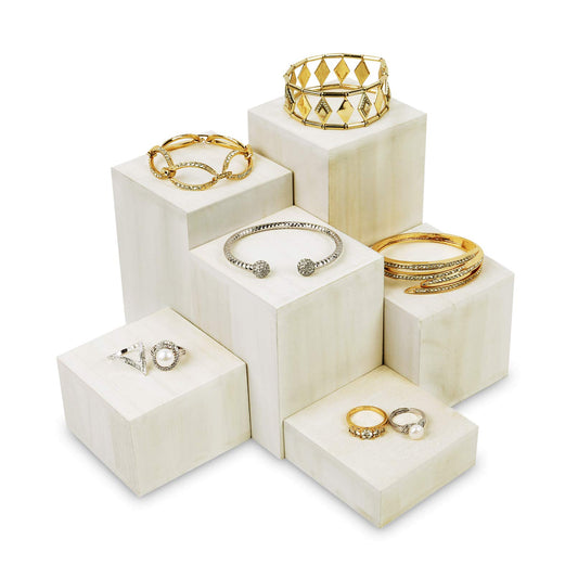 Mooca Wooden 6 Pcs Square Risers for Display Jewelry and Accessories Display Stand (Wash White)