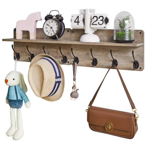 YMYNY Coat Rack Shelf Wall Mounted, Wooden Coat Hooks Set of 2, Entryway Coat Hanger with 8 Hooks,31.5''L Floating Shelves, Key Holder, for Bedroom, Bathroom, Living Room, Silver Gray UHWS006Y-2