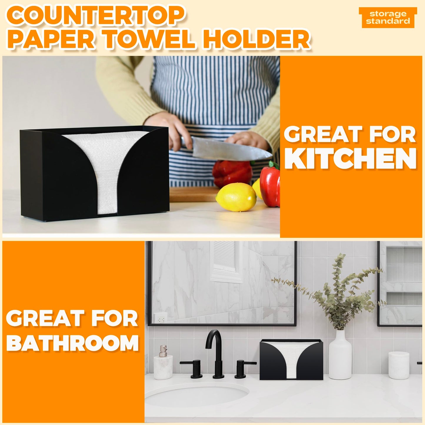 Storage Standard Multifold Paper Towel Dispenser Countertop - Matte Black Paper Towel Holder Bathroom, Durable Acrylic Napkin Holder for Bathroom, Kitchen, Office & Restaurant, 10.75 x 6.5 x 4 Inches
