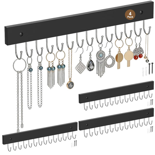ASZUNE 4Pack Necklace Holder Wall Mounted Bulk Jewelry Organizer Wooden With 56 Hooks, Hanging Earring & Ring Bracelet Storage, Decorative Space-Saving Jewelry Display Black