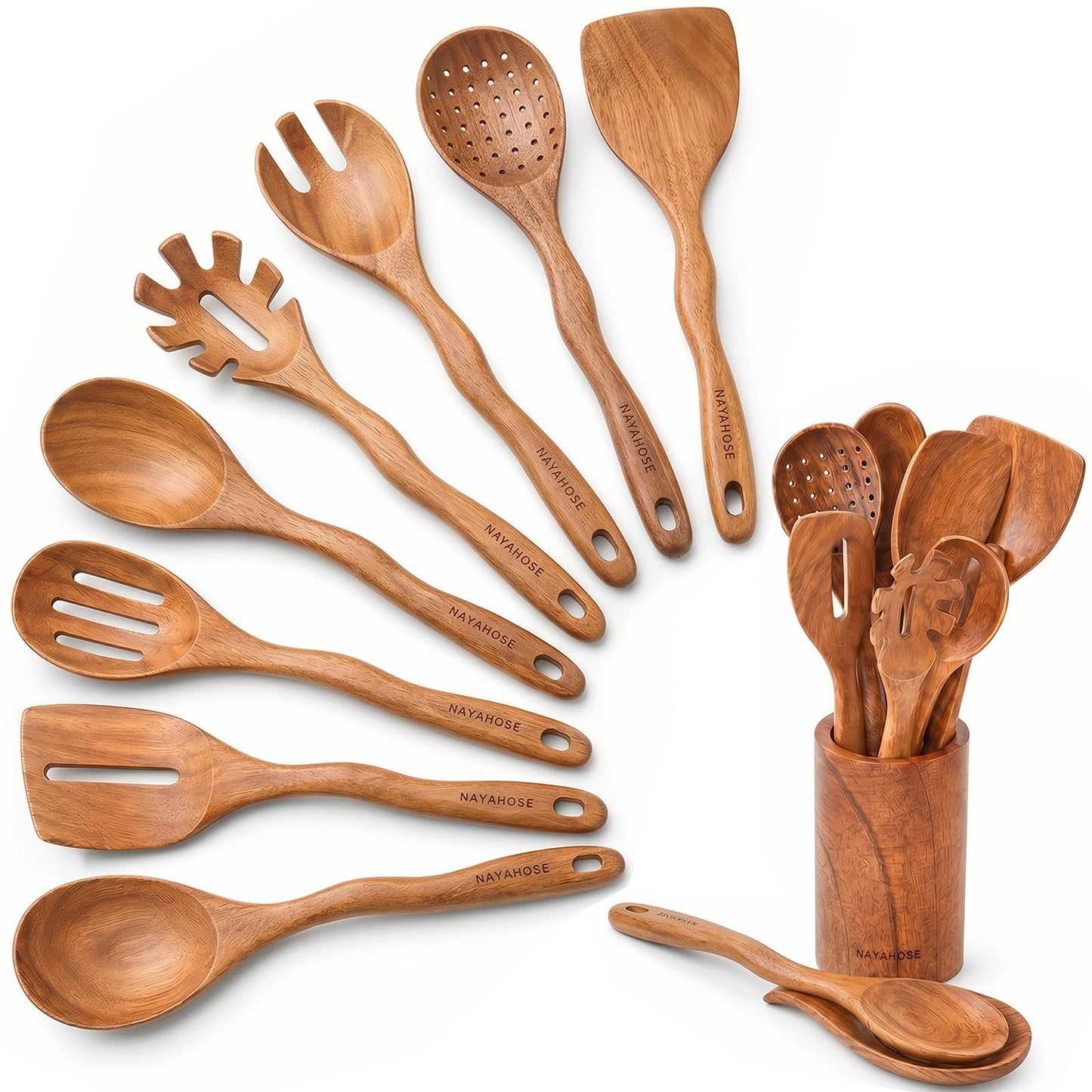 NAYAHOSE Kitchen 10PCS Teak Wooden Utensil Set with Holder and Spoon Rest