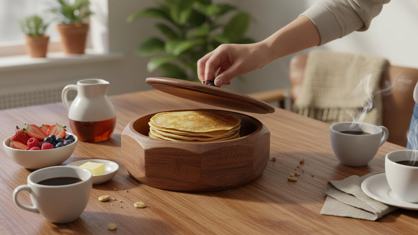 Handcrafted Wooden Mexican Tortilla Warmer Basket Indian Chapati Roti Bread Holder Box Pancake Keeper Serveware Hot Pot Casserole Dish With Lid Home Kitchen Dining Decor, Natural Brown, 9 x 3.5 Inches