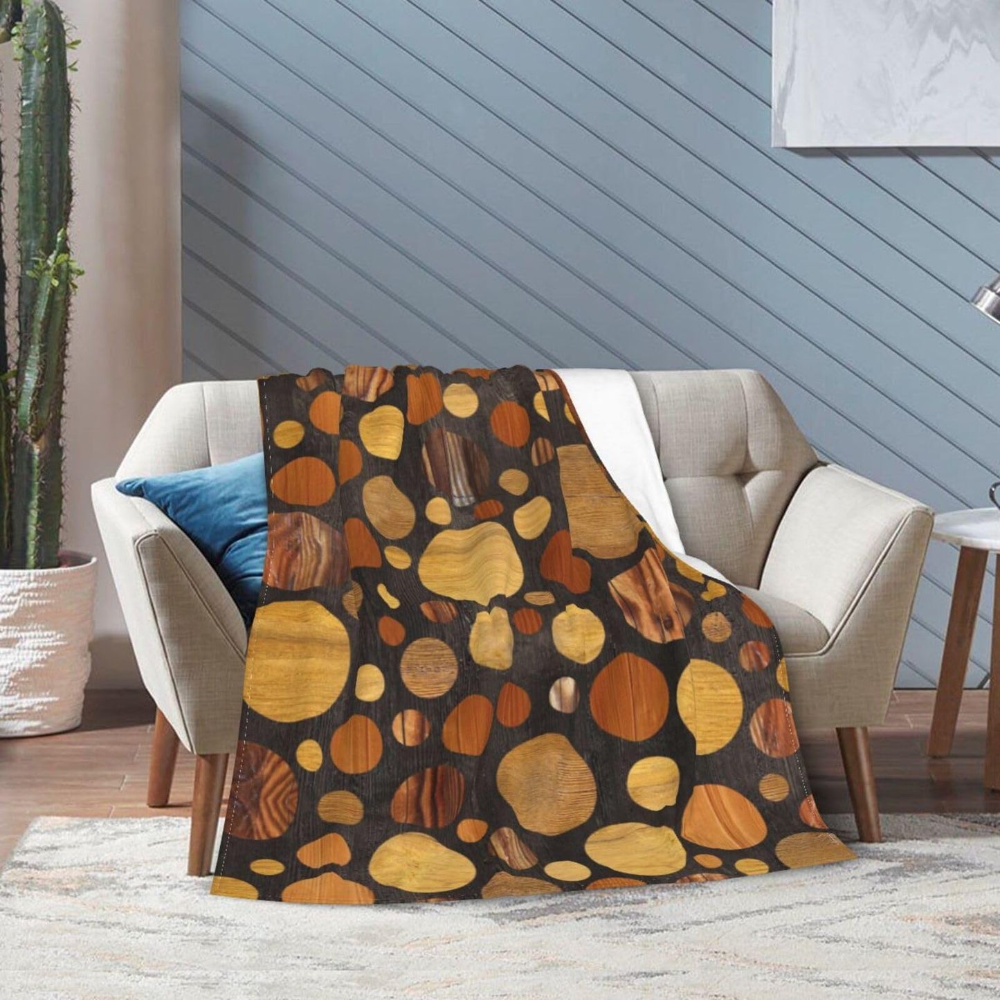 Abstract Circular Pattern Wooden Texture Reversible Flannel Throw Blanket- Ultra Soft Lightweight for Bed, Sofa, Travel & Camping 60"X50" Inch