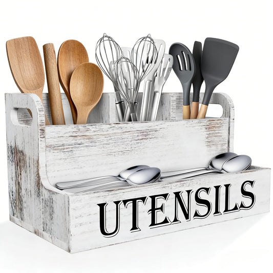 SHAXIXI Wooden Utensil Holder Kitchen, Country Style Cutlery Holder With Drainage Holes In The Bottom (Washed White)