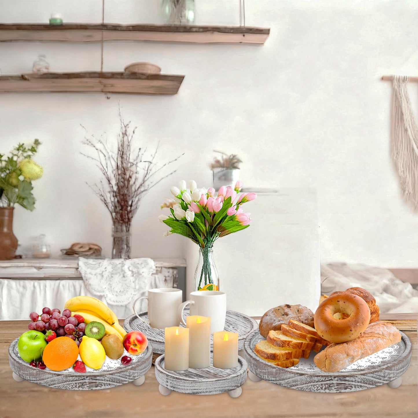 Set of 4 Wooden Candle Plate Holder Tray Riser, Wood Pillar Tealight Candle Holder Farmhouse Coffee Table Centrepiece Decorative Tray for Home Thanksgiving Wedding Xmas Decor Table Decorations