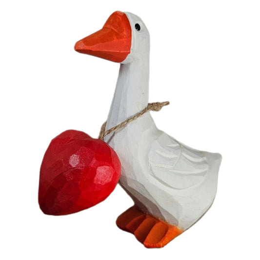 Hand Carved Wooden Goose Figurine with Red Heart - 4 Inch Cute Animal Statue for Home Decor, Shelf, Nightstand - Unique Valentine’s Day for Her, Wife, Girlfriend - Rustic Accent