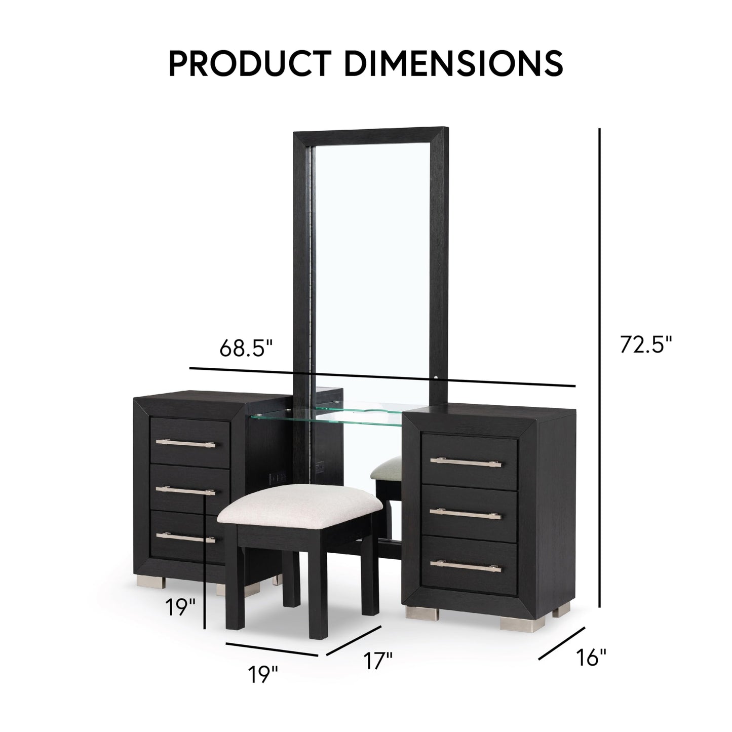 Furniture of America Lyle Modern Solid Wood 6-Drawer Makeup Vanity Set with Storage Stool and LED Full-Length Mirror, Wooden Dresser with USB Ports and Power Outlet for Bedroom, Guest Room, Black