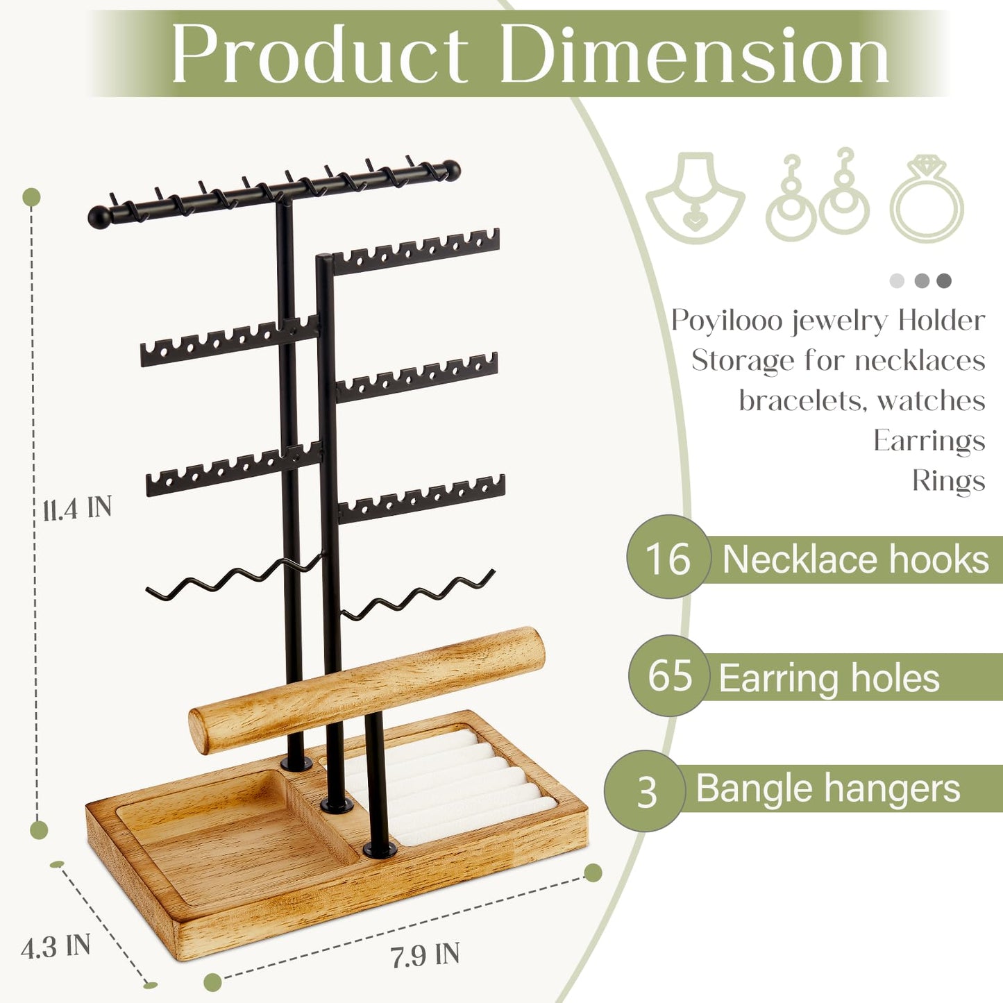 Poyilooo Earring Holder Jewelry Stand, 3 Tier Jewelry Organizer with Ring Holder Tray for Necklace Earring Keychains Bracelet Rings Display Jewelry Tree Stand (Carbonized Brown)